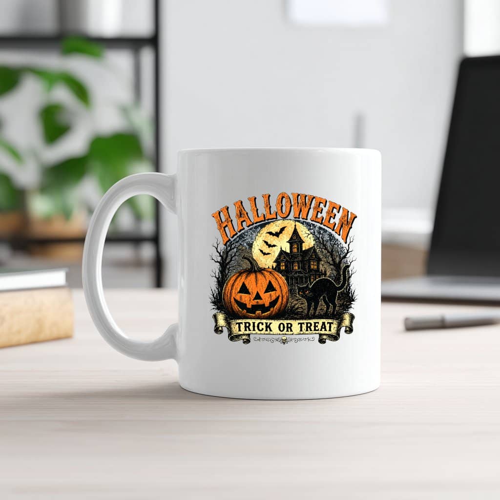 Vintage Halloween Trick Or Treat Coffee Mug| Haunted House Spooky Season Gift for Halloween Party