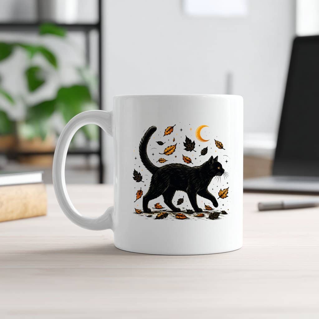 Vintage Autumn Moon Black Cat Halloween Coffee Mug| Witchy Cat Gift for Her
