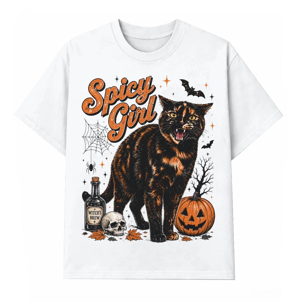 Vintage Spicy Girl Black Cat Halloween T-shirt| Spooky Halloween Gift for Cat Lovers