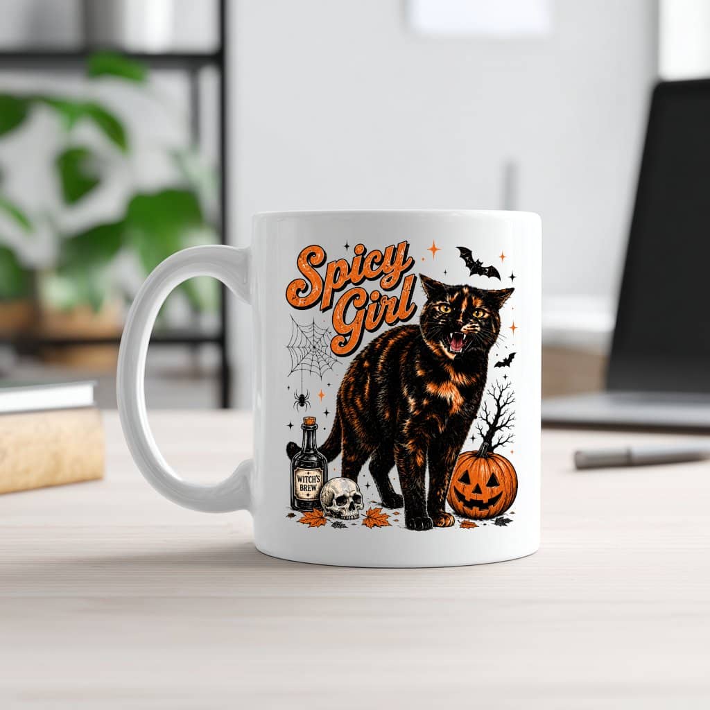 Vintage Spicy Girl Black Cat Halloween Coffee Mug| Spooky Halloween Gift for Cat Lovers