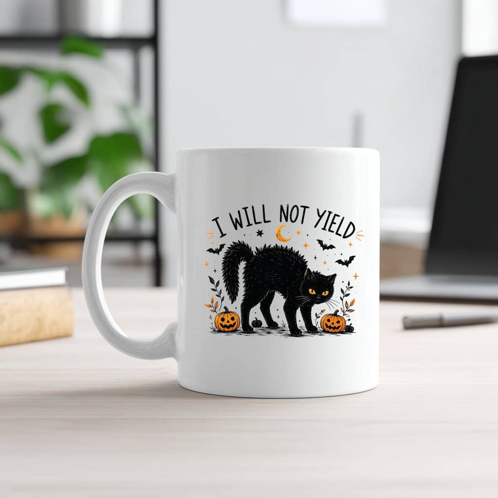 I Will Not Yield Black Cat Halloween Coffee Mug| Spooky Halloween Gift for Cat Lovers