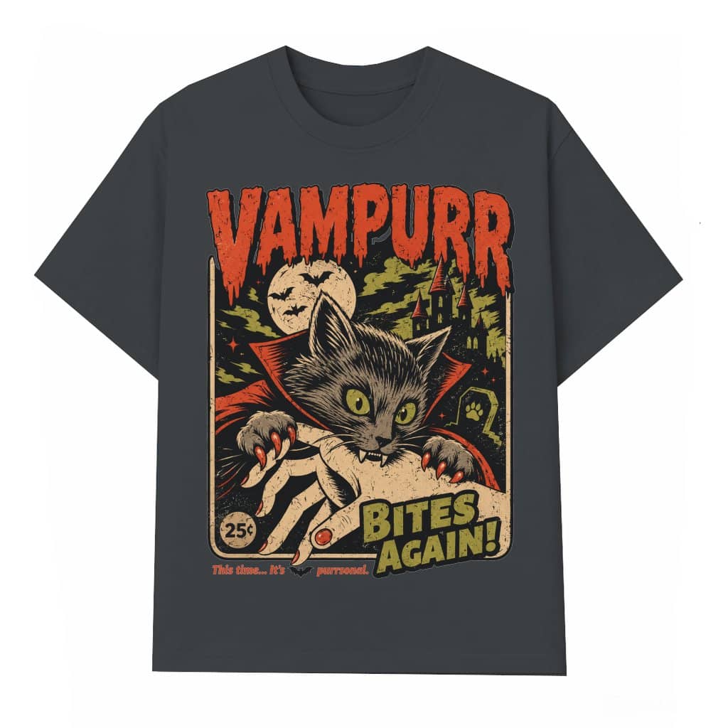 Vampurr Bites Again Black Cat Vampire Halloween T-shirt| Halloween Gift for Horror Movie Lovers
