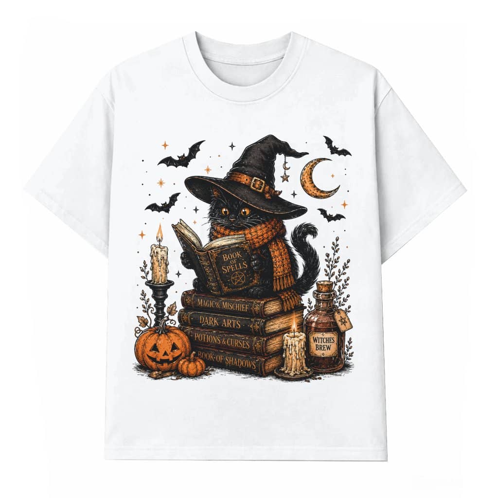 Vintage Witchy Cat Reading Spell Book Halloween T-shirt| Magic Halloween Gift for Black Cat Lovers
