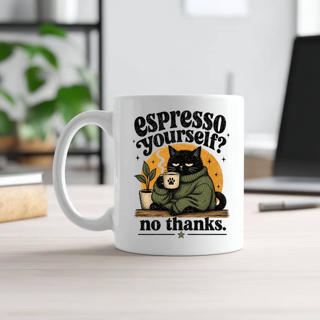 Espresso Yourself No Thanks Black Cat Halloween White Mug| Funny Introvert Cat Gift for Halloween