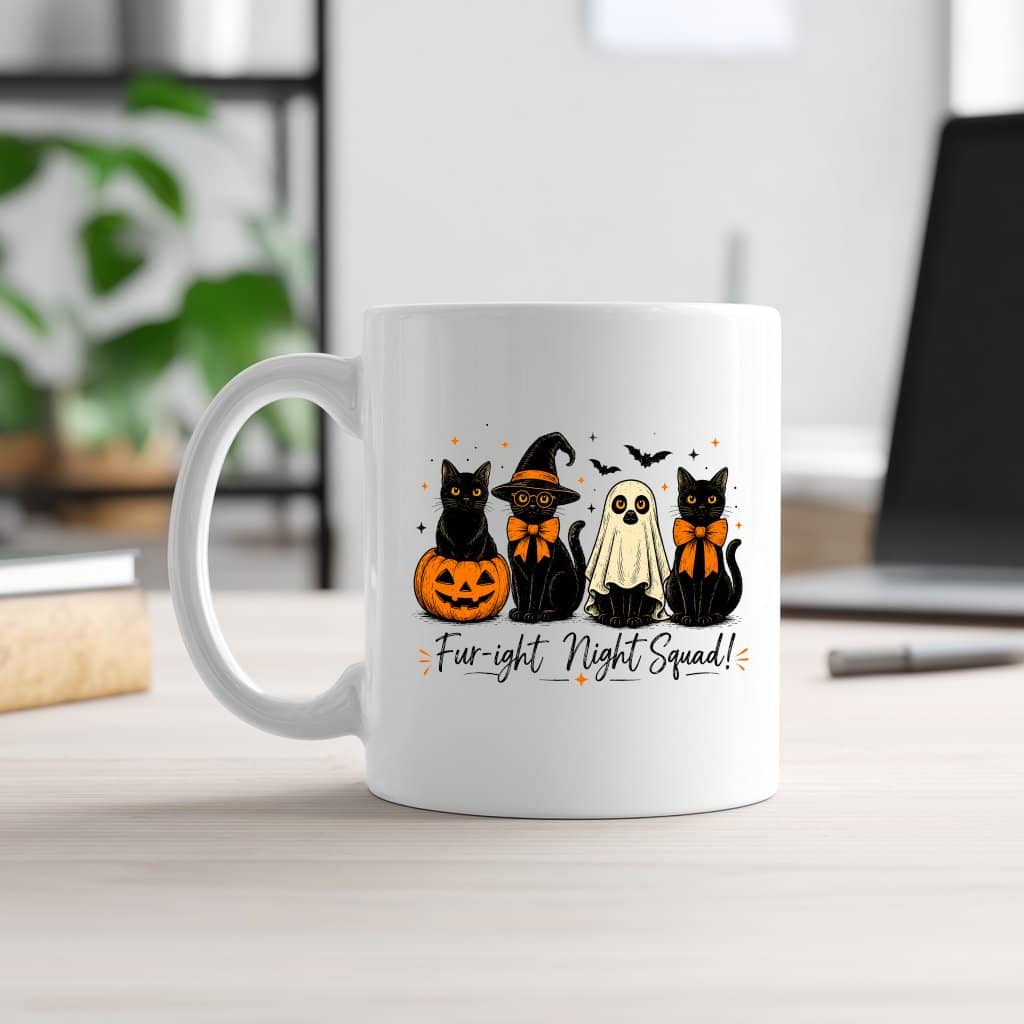 Fur-right Night Squad Black Cat Ghost Halloween White Mug| Cute Halloween Gift for Her