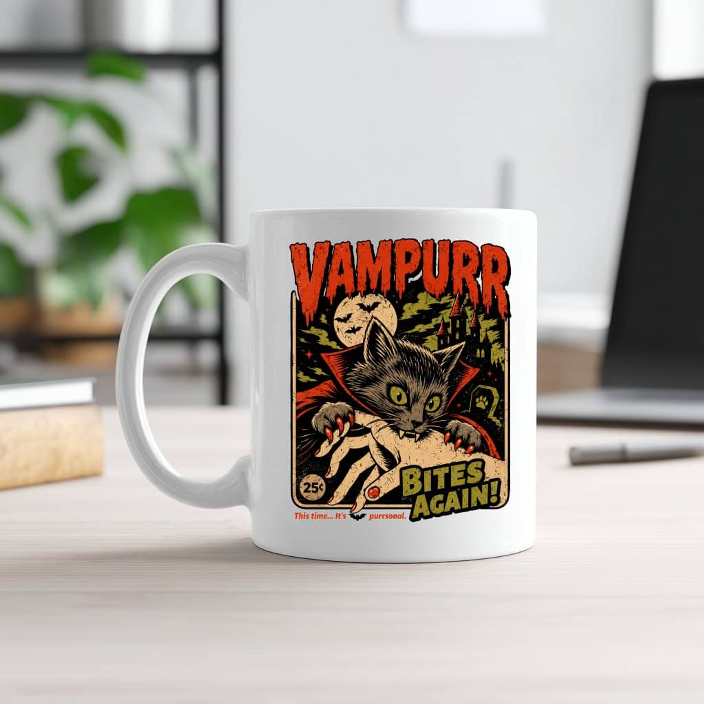 Vampurr Bites Again Black Cat Vampire Halloween White Mug| Halloween Gift for Horror Movie Lovers
