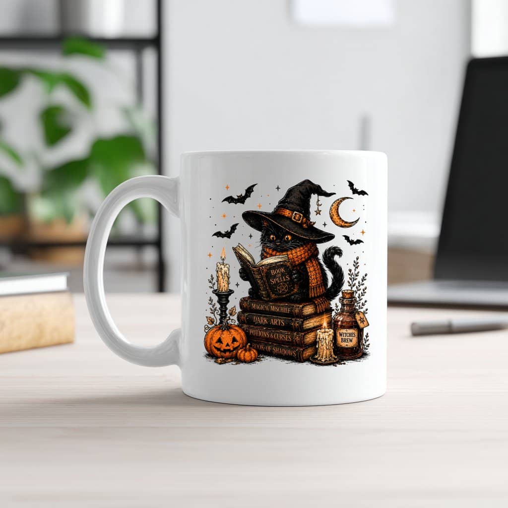 Witchy Cat Reading Spell Book Halloween White Mug| Magic Halloween Gift for Black Cat Lovers
