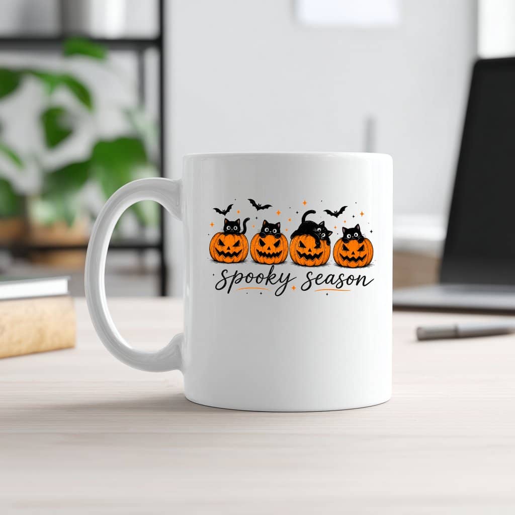 Spooky Season Black Cat Pumpkin Halloween White Mug| Cute Halloween Gift for Her