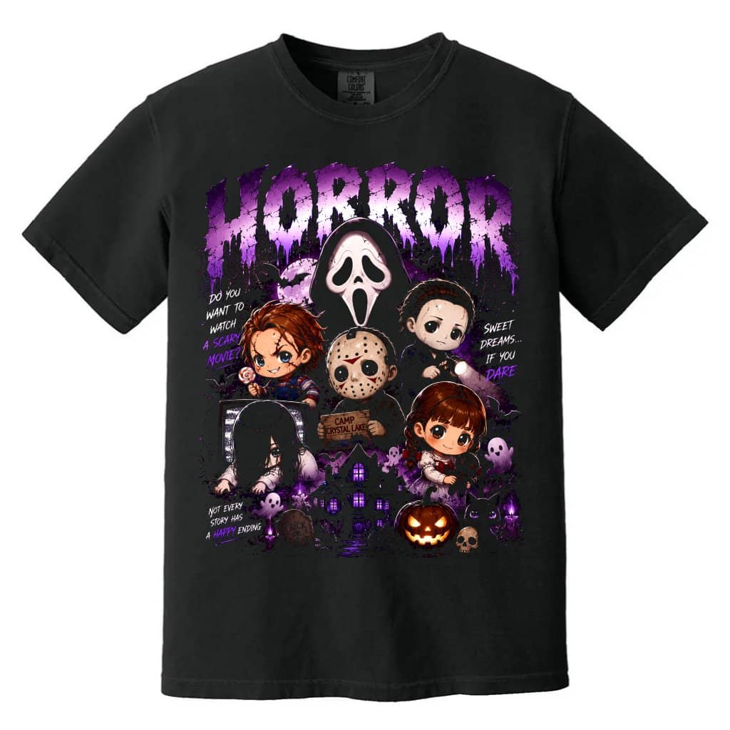 Comfort Colors Horror Movie Characters Halloween Shirt| Funny Halloween Ghost Gift for Scary Movie Fans