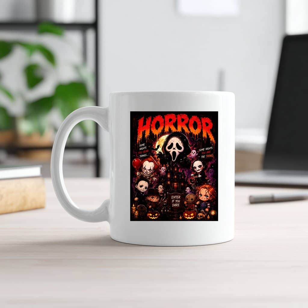 Chibi Horror Characters Halloween White Mug| Cute Spooky Halloween Gift for Horror Movie Fan