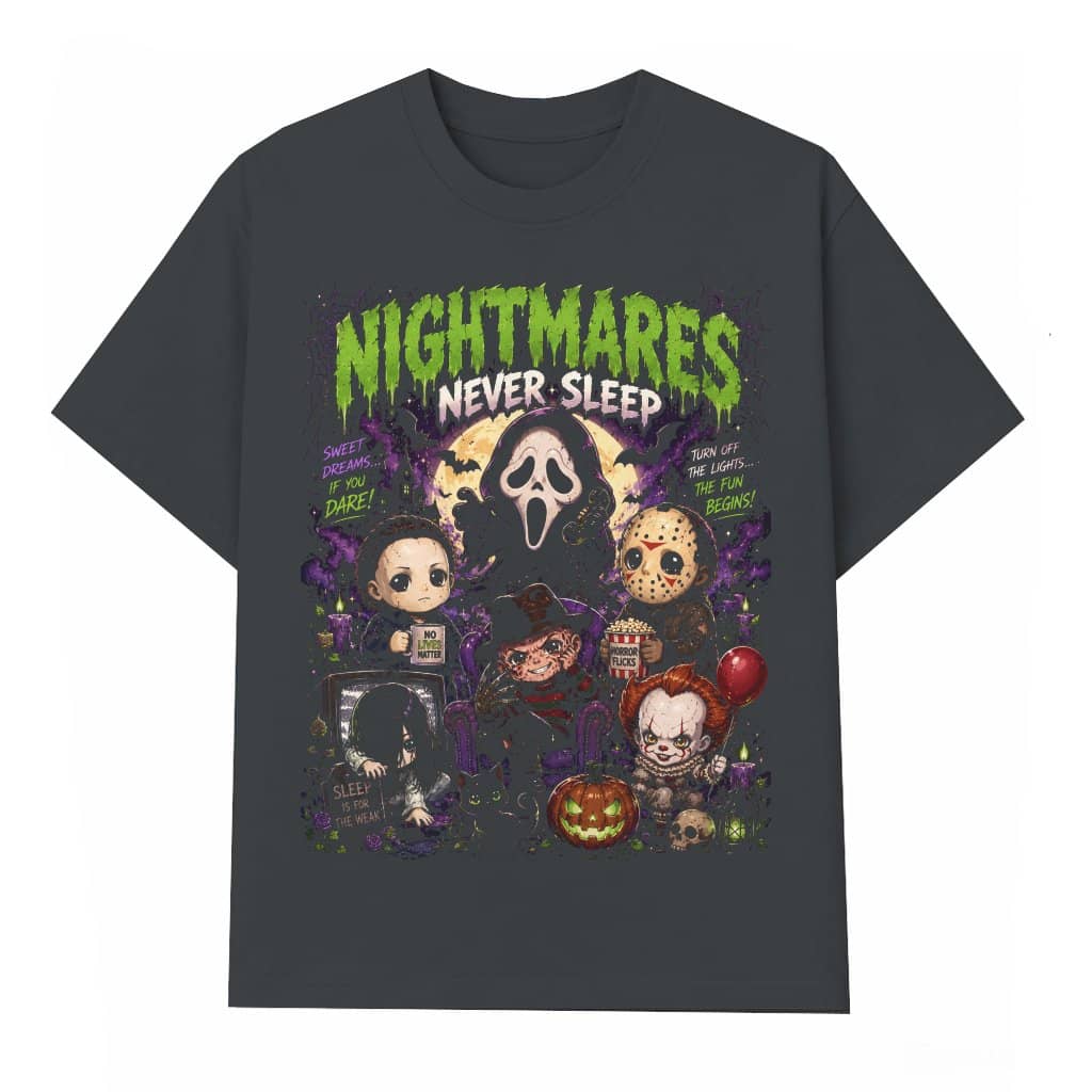 Nightmares Never Sleep Halloween T-shirt | Cute Chibi Horror Characters Gift for Spooky Season