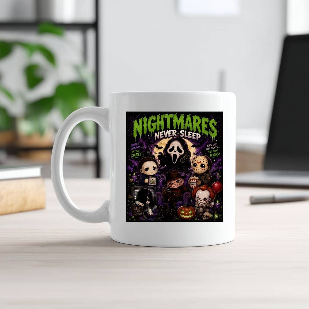Nightmares Never Sleep Halloween Coffee Mug | Cute Chibi Horror Characters Gift for Spooky Season