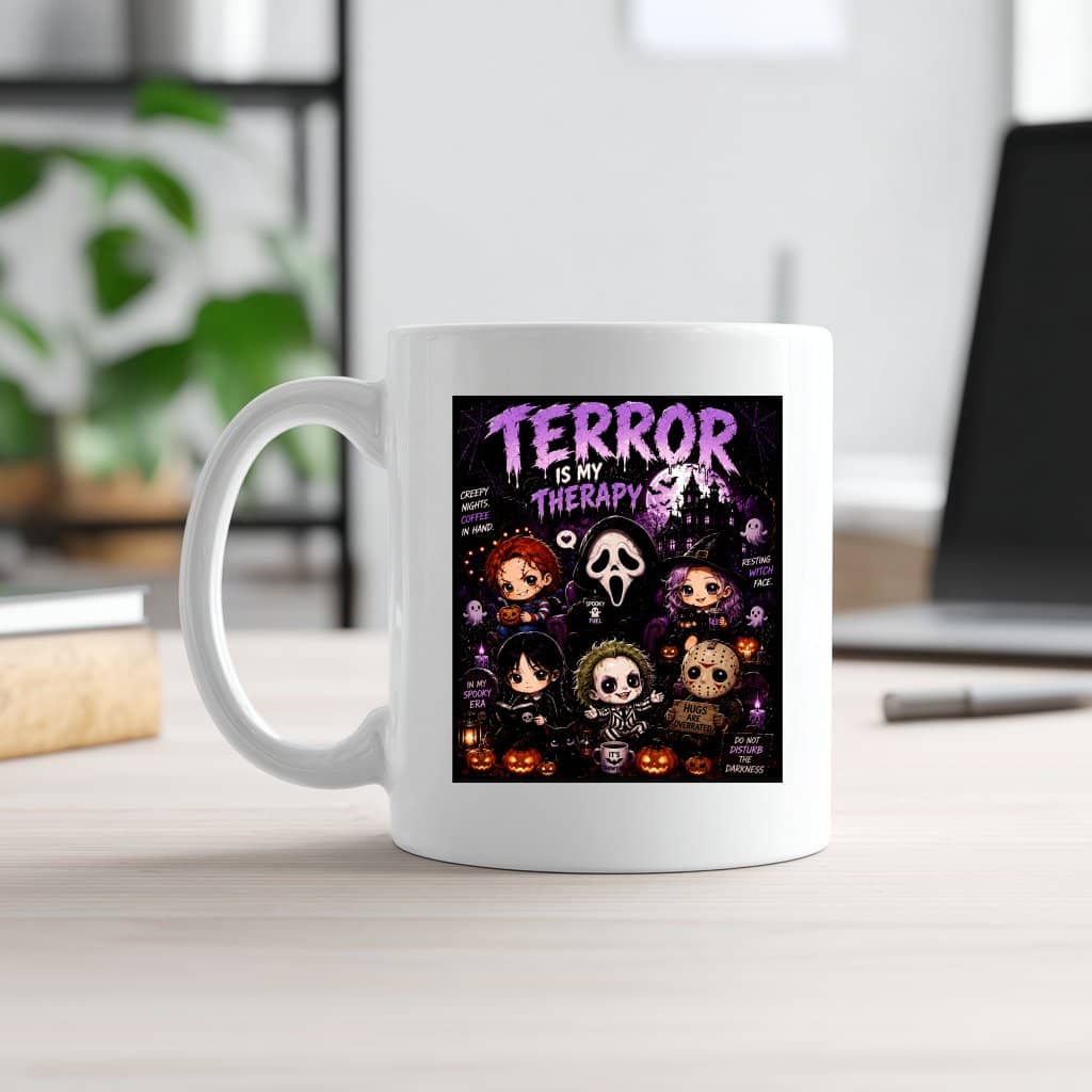 Terror Is My Therapy Halloween Coffee Mug| Chibi Horror Characters Halloween Gift for Spooky Horror Lover