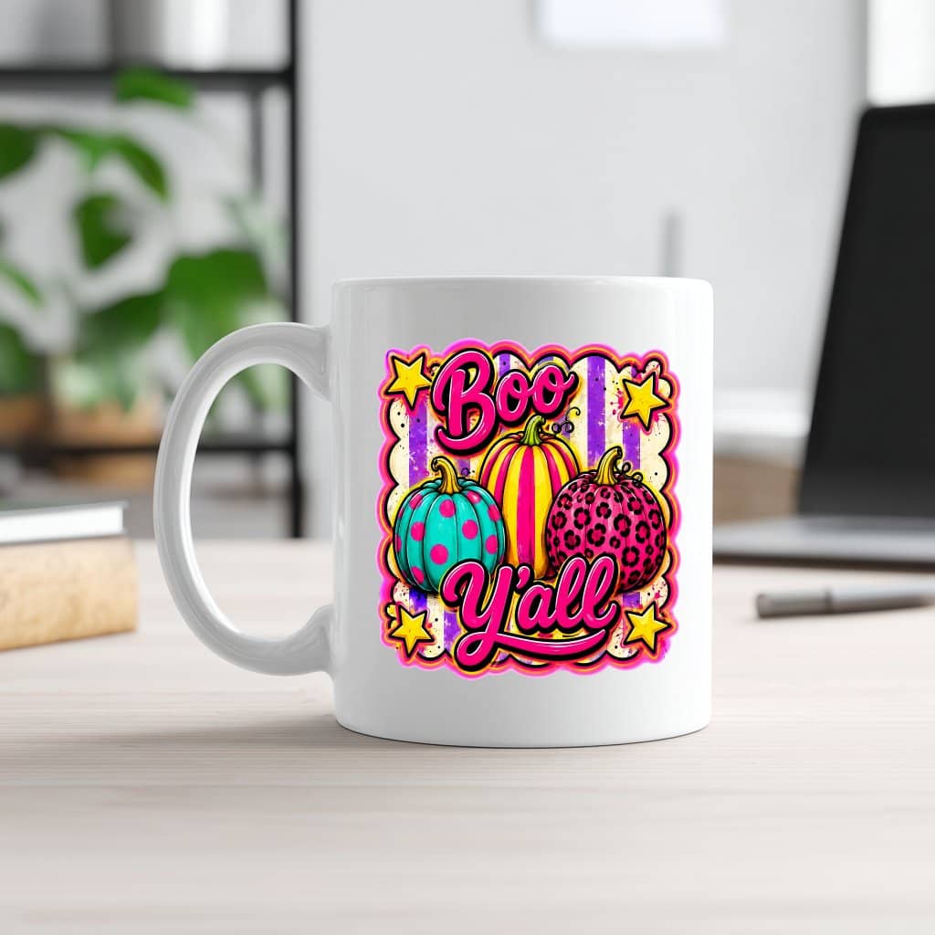 Colorful Pumpkin Cowgirl Boo Y'all Halloween Coffee Mug| Pink Western Halloween Gift for Her
