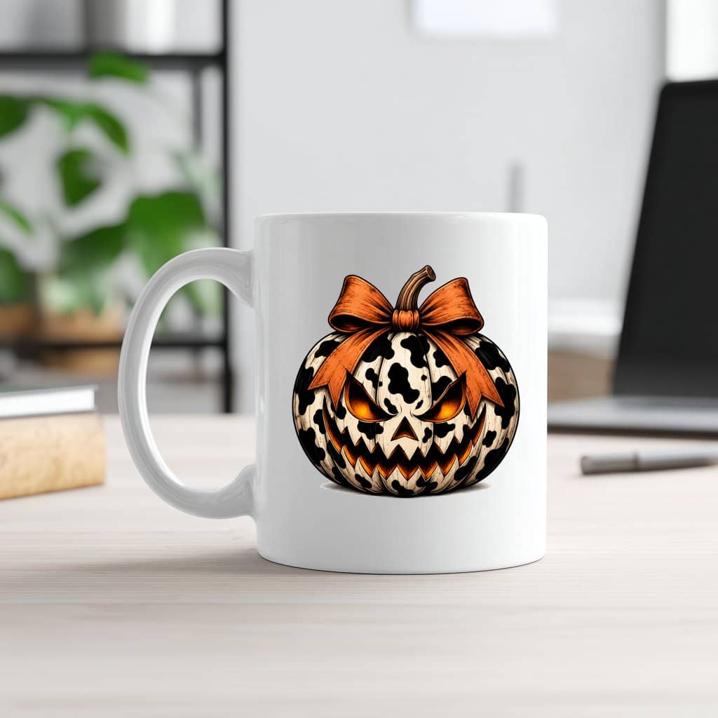 Scary Milky Pumpkin with Coquette Bow Funny Halloween White Mug| Halloween Pumpkin Gift for Her