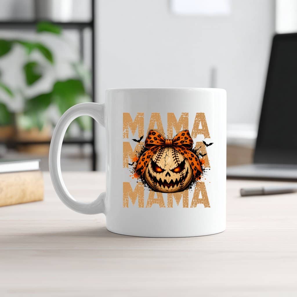 Vintage Coquette Bow Baseball Spooky Mama Coffee Mug| Horror Halloween Gift for Mom, women