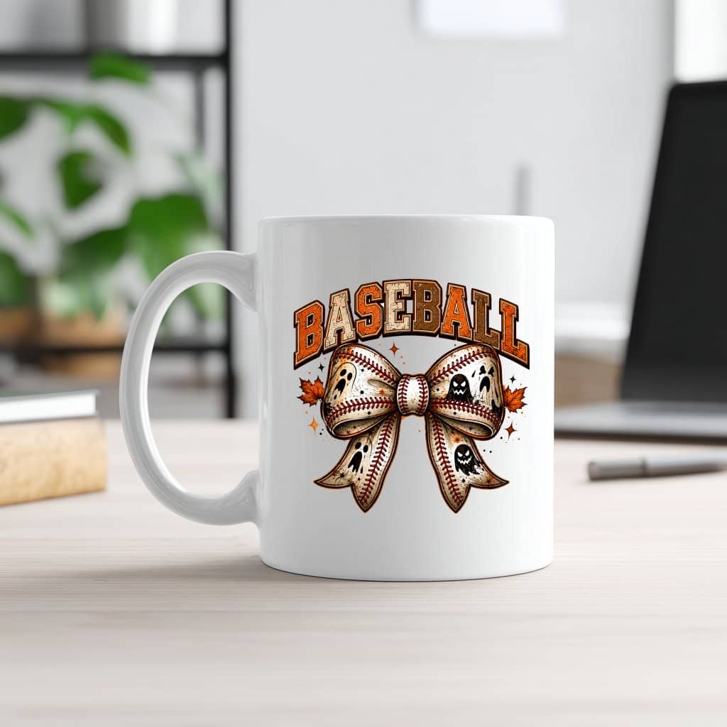 Retro Baseball Halloween Coquette Bow White Mug| Spooky Halloween Gift for Baseball Lovers