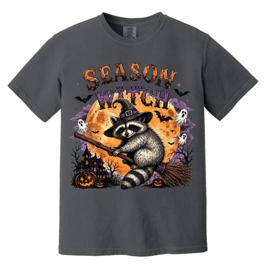 Comfort Colors Retro Season Of The Witch Raccoon Halloween Shirt | Funny Halloween Gift for Her