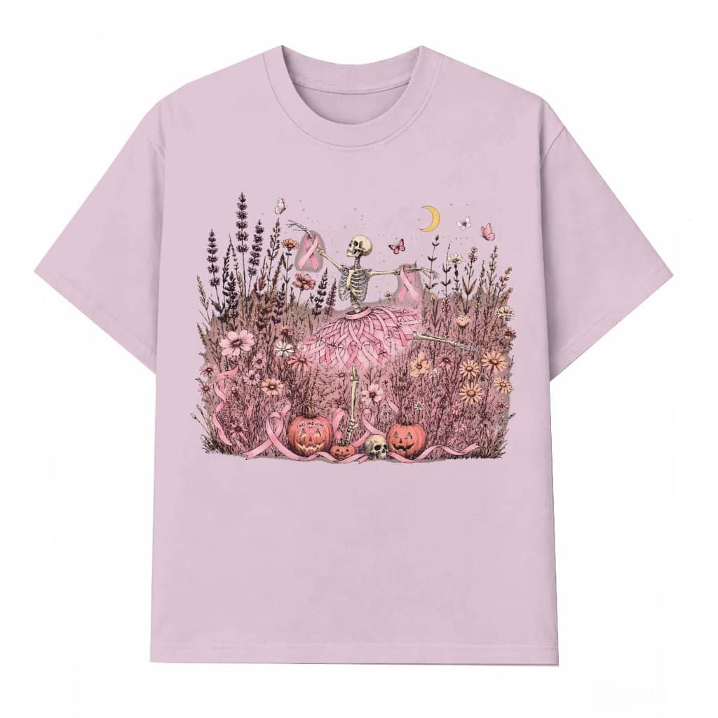 Skeleton Dancing Pink Ribbons Breast Cancer Awareness T-shirt| Wildflower Pink Halloween Gift for Her