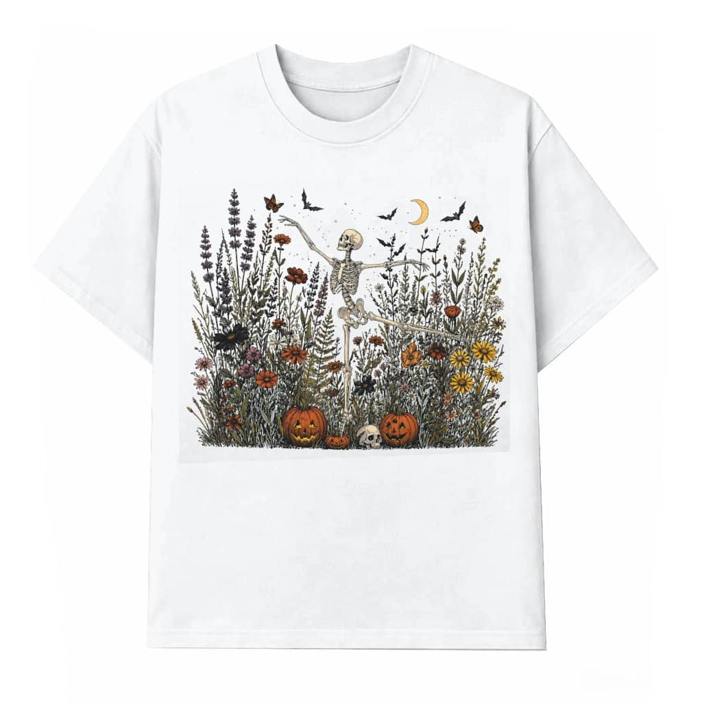 Skeleton Dancing In Wildflower Garden Funny Halloween T-shirt| Halloween Skeleton Gift for Her
