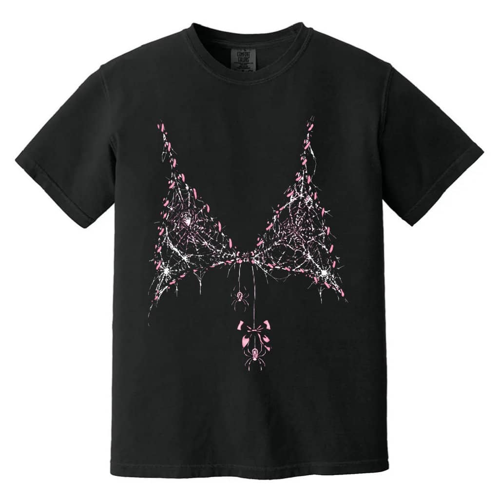 Comfort Colors Pink Ribbon Spider Web Bra Funny Halloween Shirt| Pink Halloween Gift for Breast Cancer Fighters