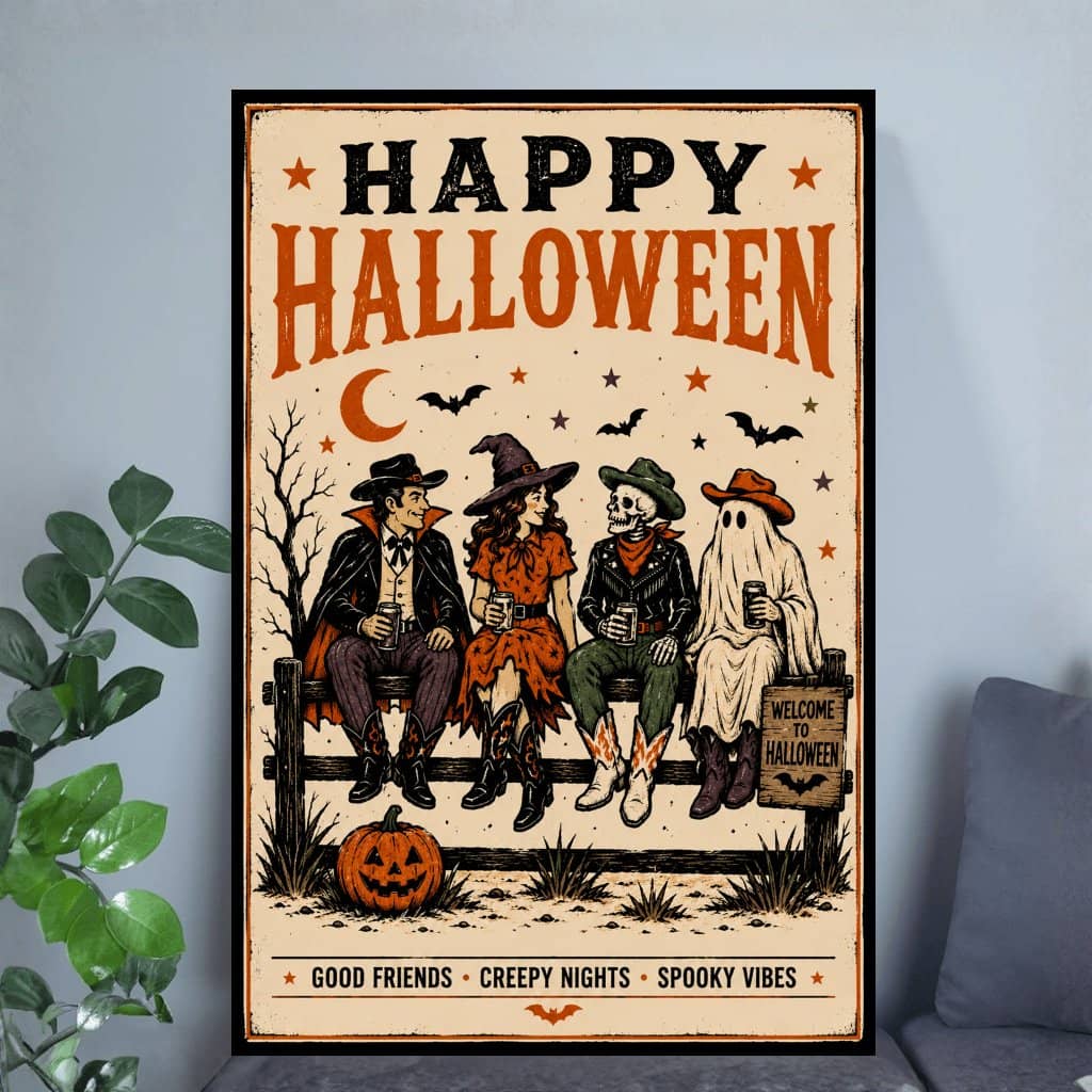 Happy Halloween Poster | Spooky Witch Ghost Skeleton Halloween Artwork Gift for Halloween Party Decor