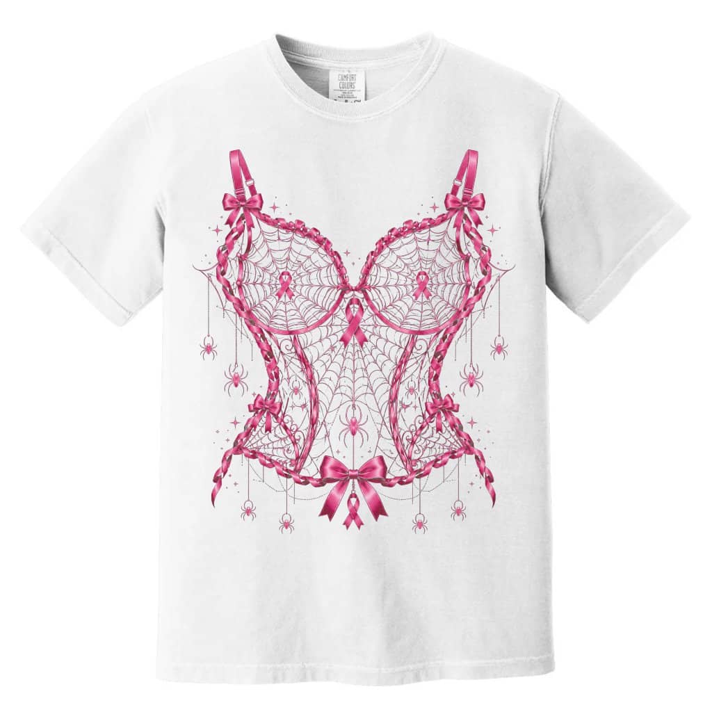 Comfort Colors Halloween Spider Web Corset Pink Ribbon Shirt| Pink Halloween Gift for Breast Cancer Awareness