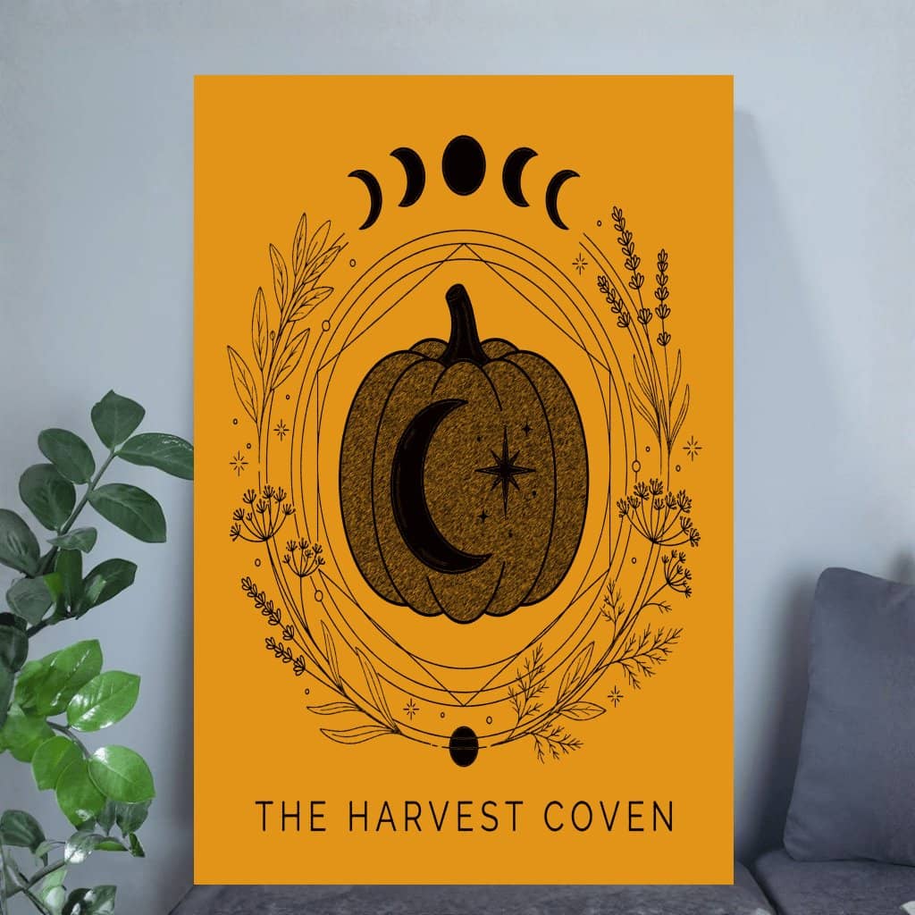 The Harvest Coven Witchy Pumpkin Moon Phase Poster | Botanical Halloween Gift for Home Decor