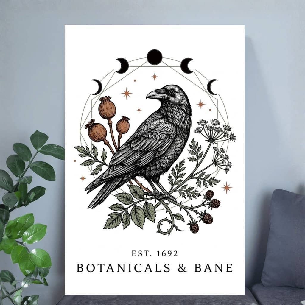 Botanicals & Bane Gothic Crow Moon Phase Halloween Poster | Dark Academia Gift for Home Decor