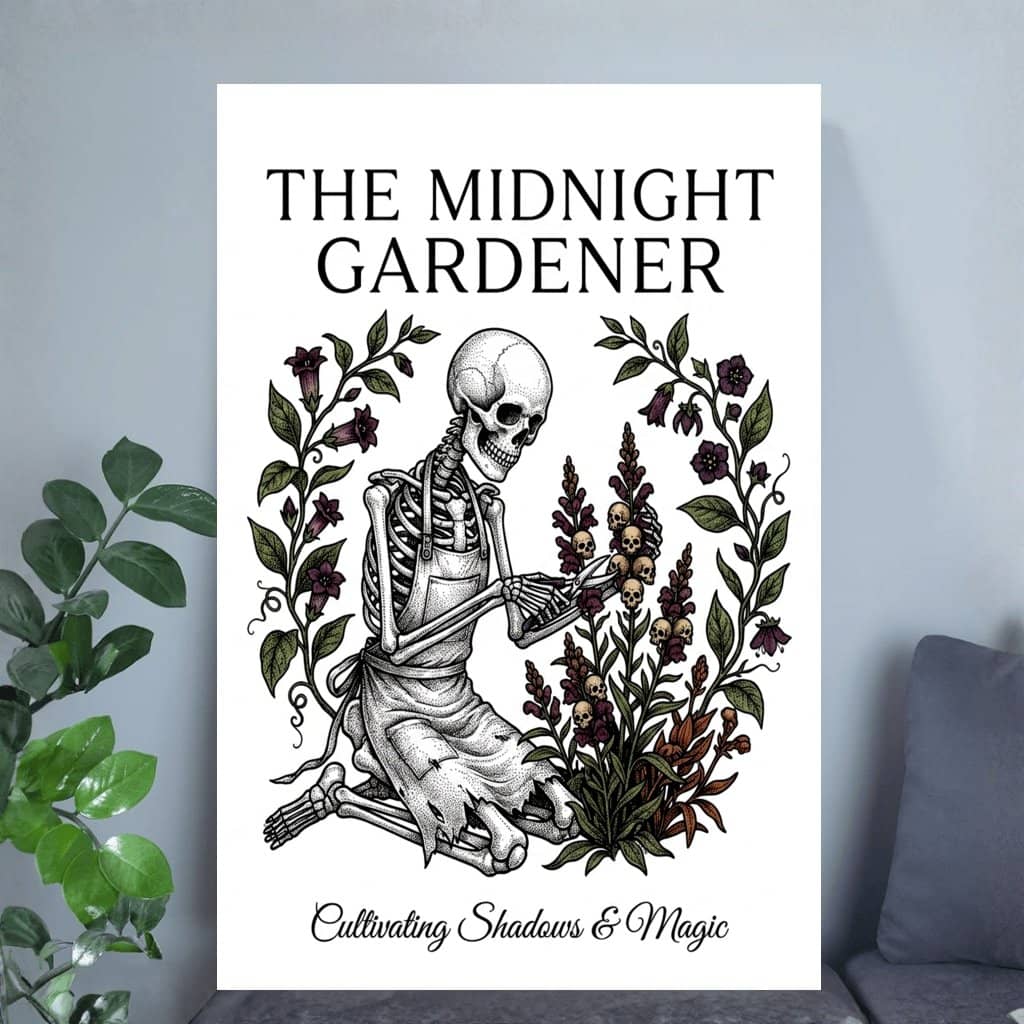 Midnight Gardener Skeleton Halloween Poster | Gothic Botanical Dark Academia Gift for Home Decor