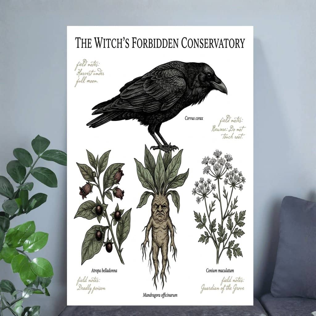 Witch's Forbidden Conservatory Raven Botanical Poster | Botanical Halloween Gift for Home Decor
