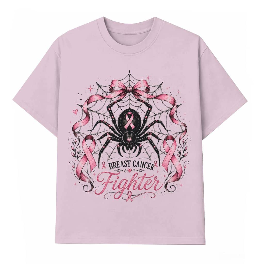 Pink Ribbon Breast Cancer Fighter T-shirt | Pink Halloween Spider Web Gift for Breast Cancer Awareness