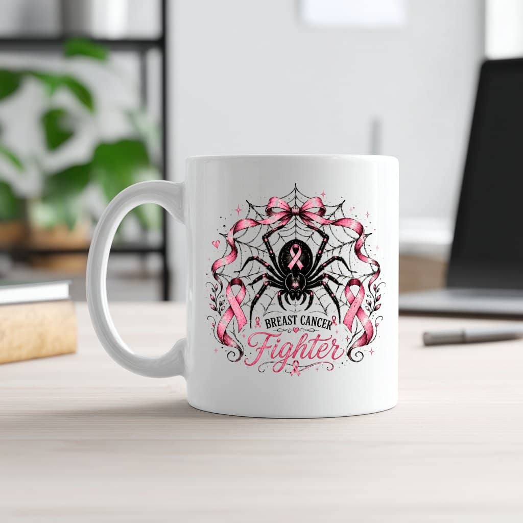 Spider Web Pink Ribbon Breast Cancer Fighter Mug | Pink Halloween Gift for Breast Cancer Awareness