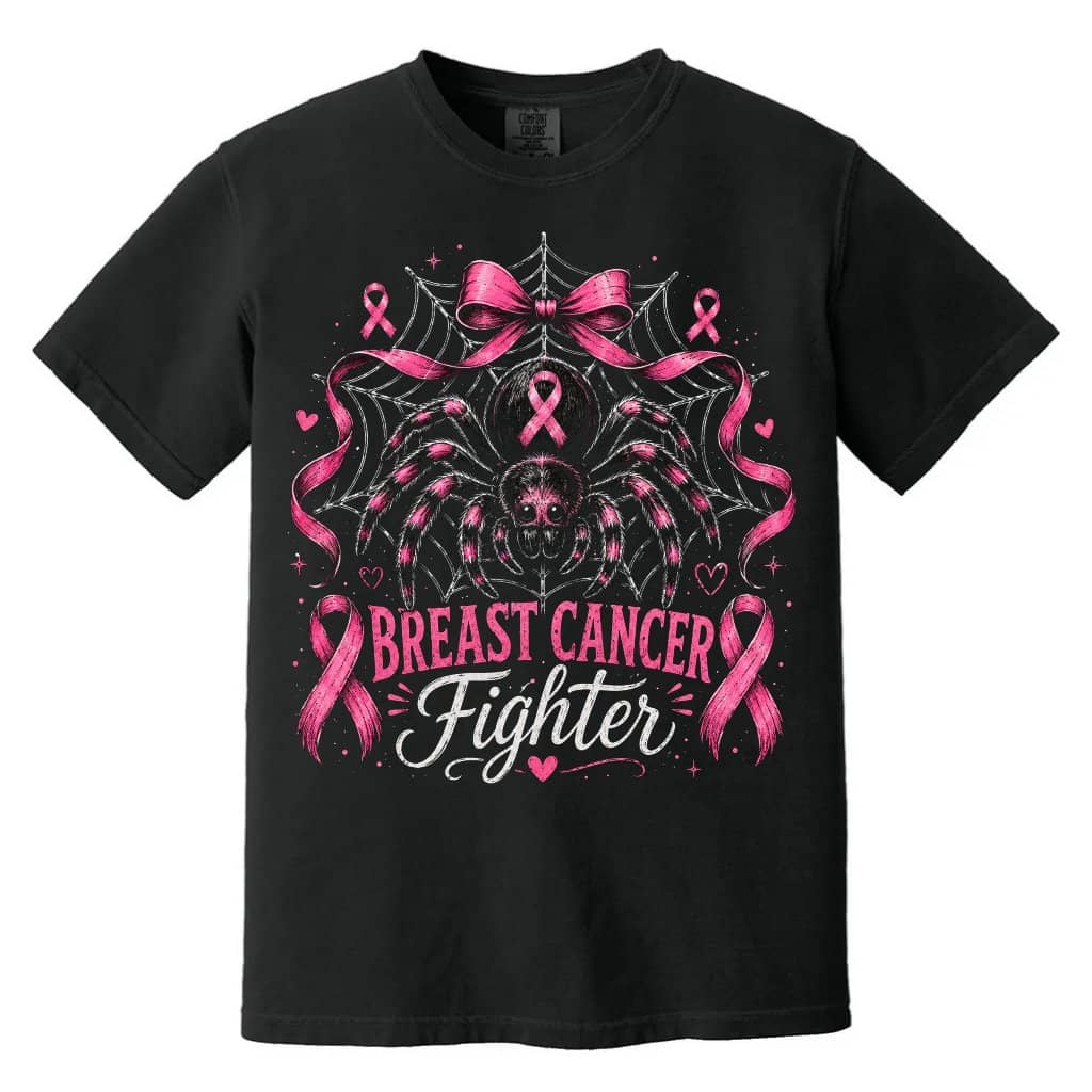 Comfort Colors Pink Ribbon Spiderweb Breast Cancer Fighter Shirt for women | Pink Halloween Gift for Her