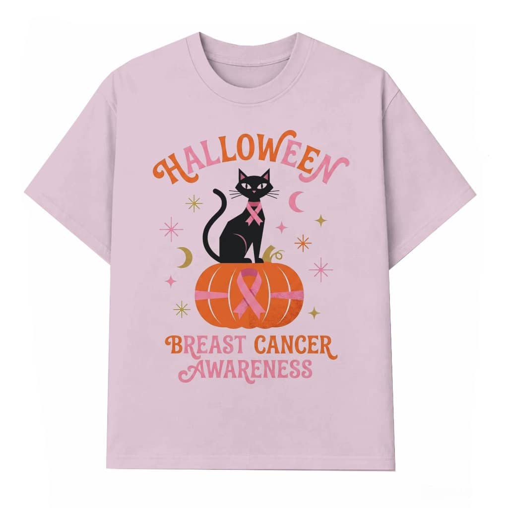 Cute Black Cat Breast Cancer Awareness Halloween T-shirt| Funny Pink Halloween Gift for Her