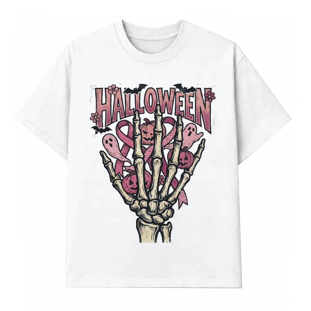 Pink Ribbon Skeleton Hand Halloween T-shirt| Spooky Breast Cancer Awareness Gift for Her