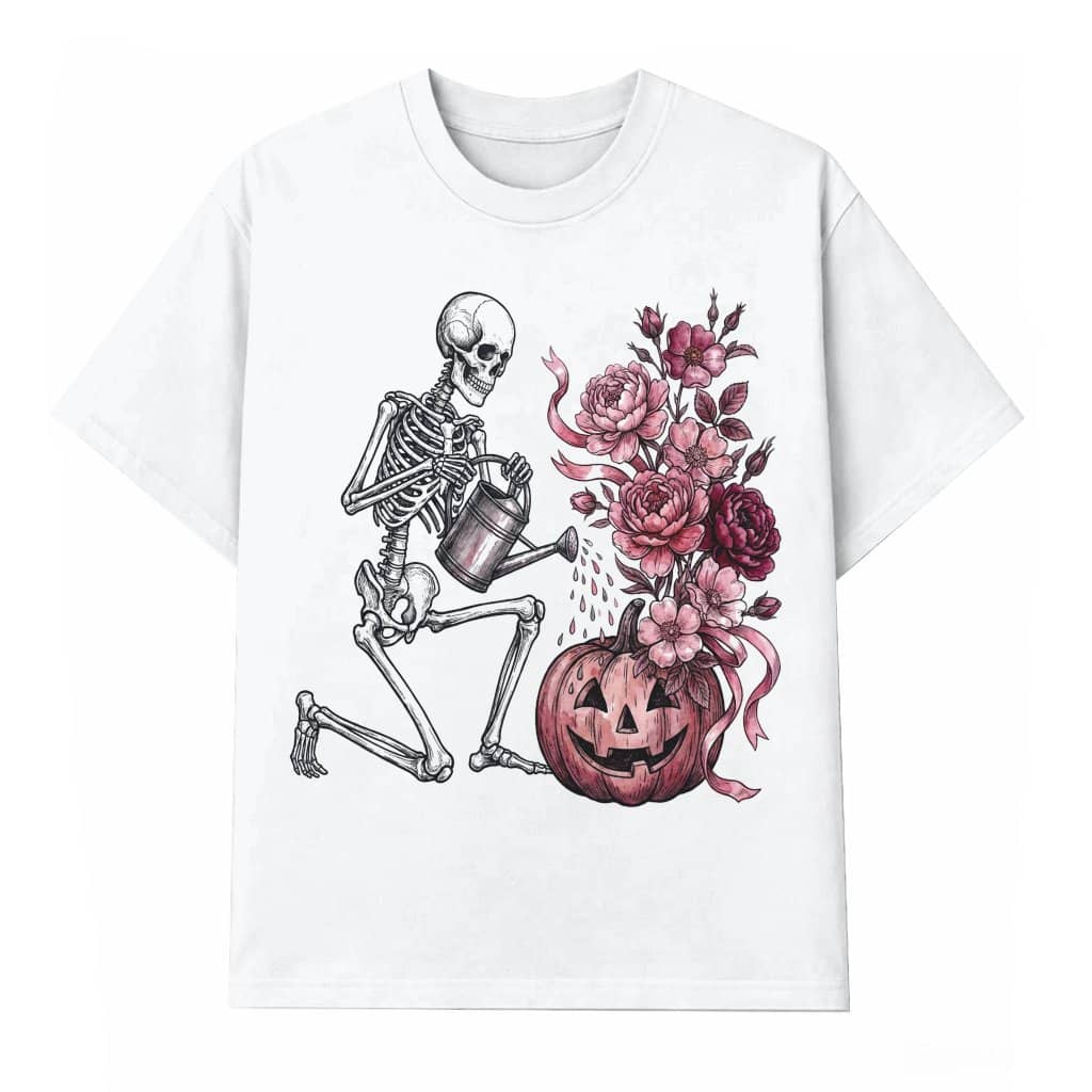 Spooky Skeleton Watering Floral Pumpkin Breast Cancer Awareness T-shirt| October Pink Ribbon Gift for Her