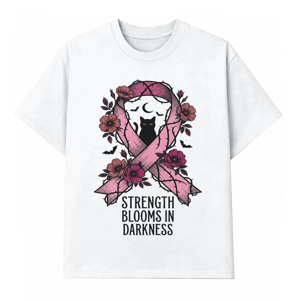 Strength Blooms In Darkness Black Cat Pink Ribbon T-shirt | Breast Cancer Halloween Gift for Her