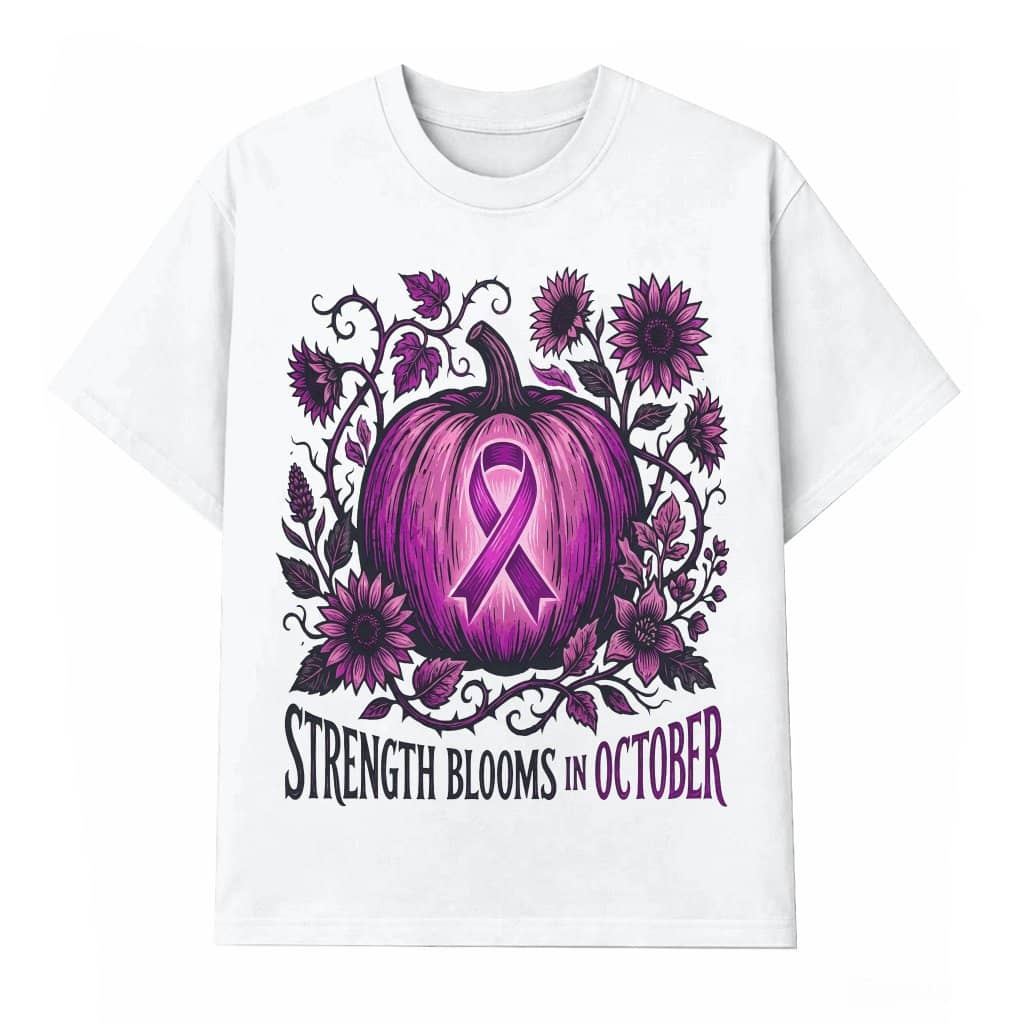 Strength Blooms In October Pink Ribbon Pumpkin T-shirt for Women | Cute Breast Cancer Awareness Gift