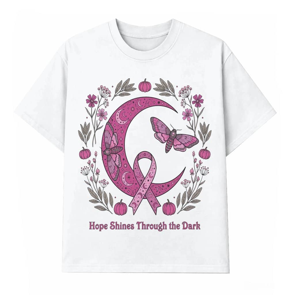 Hopes Shines Through The Dark Moon Phase Pink Ribbon T-shirt | Breast Cancer Gifts for Her