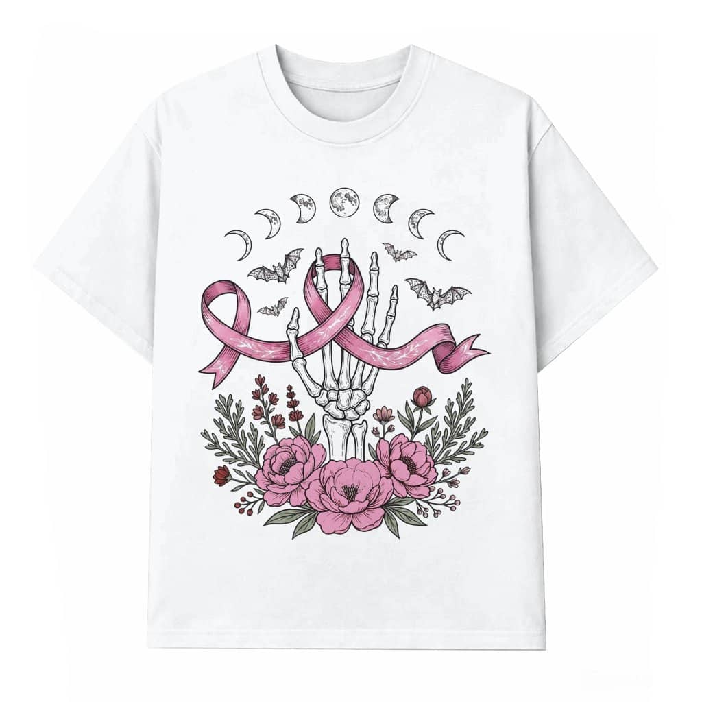 Floral Skeleton Pink Ribbon Halloween T-shirt| Halloween Breast Cancer Awareness Gift for Her