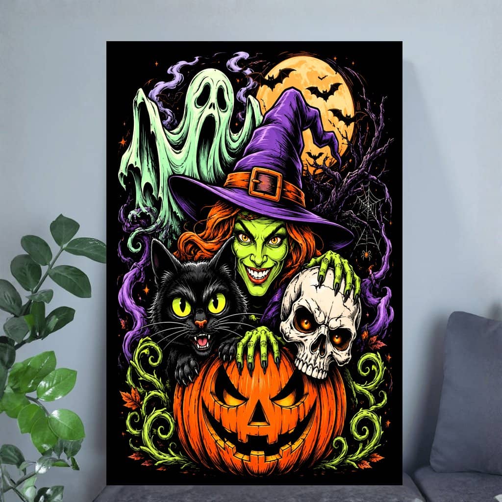 Witchy Black Cat Pumpkin Ghost Spooky Halloween Poster | Scary Halloween Vibes Wall Art Gift for Home Decor