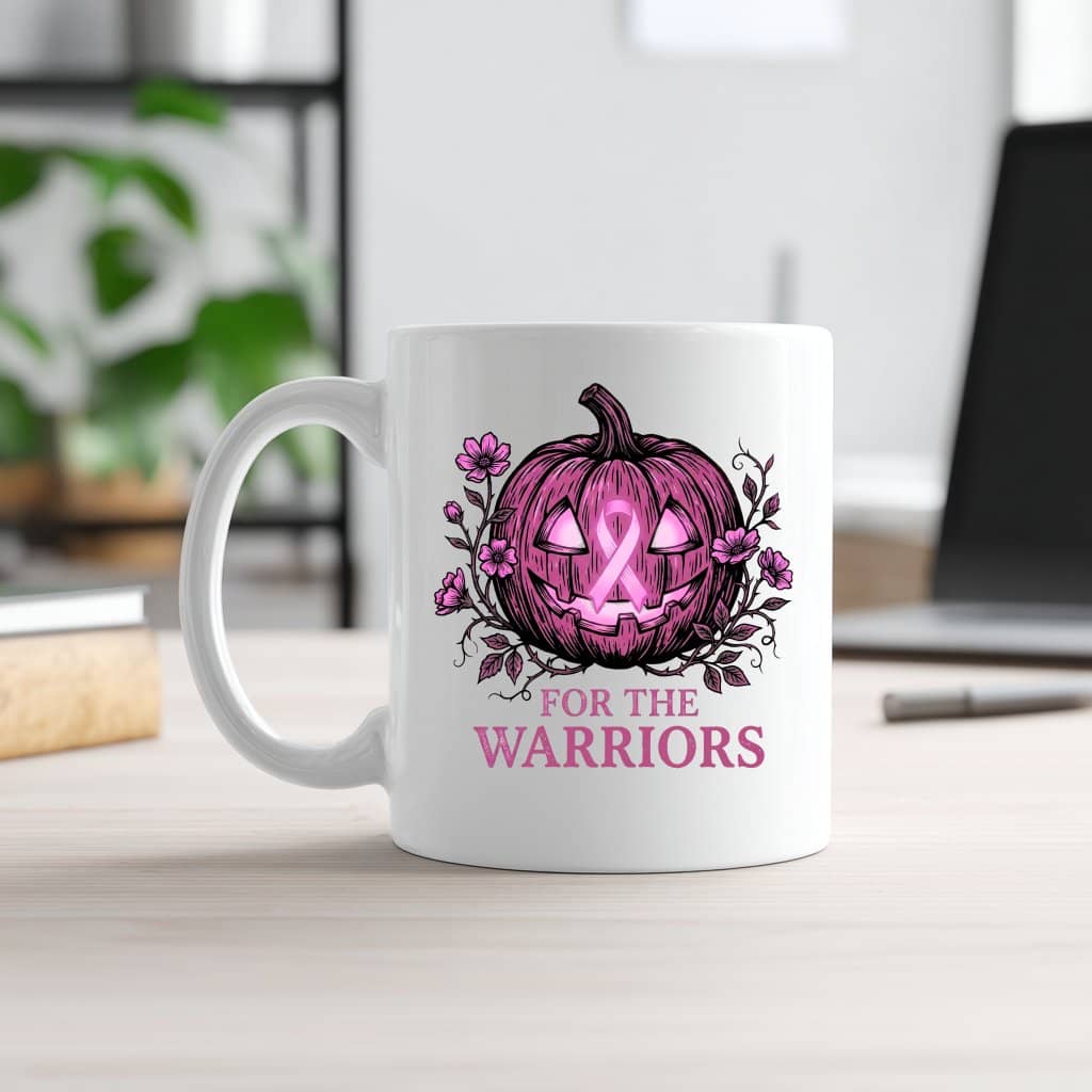 Pink Ribbon for the Warriors Breast Cancer Halloween Coffee Mug| Pink Pumpkin Gift for Breast Cancer Fighter