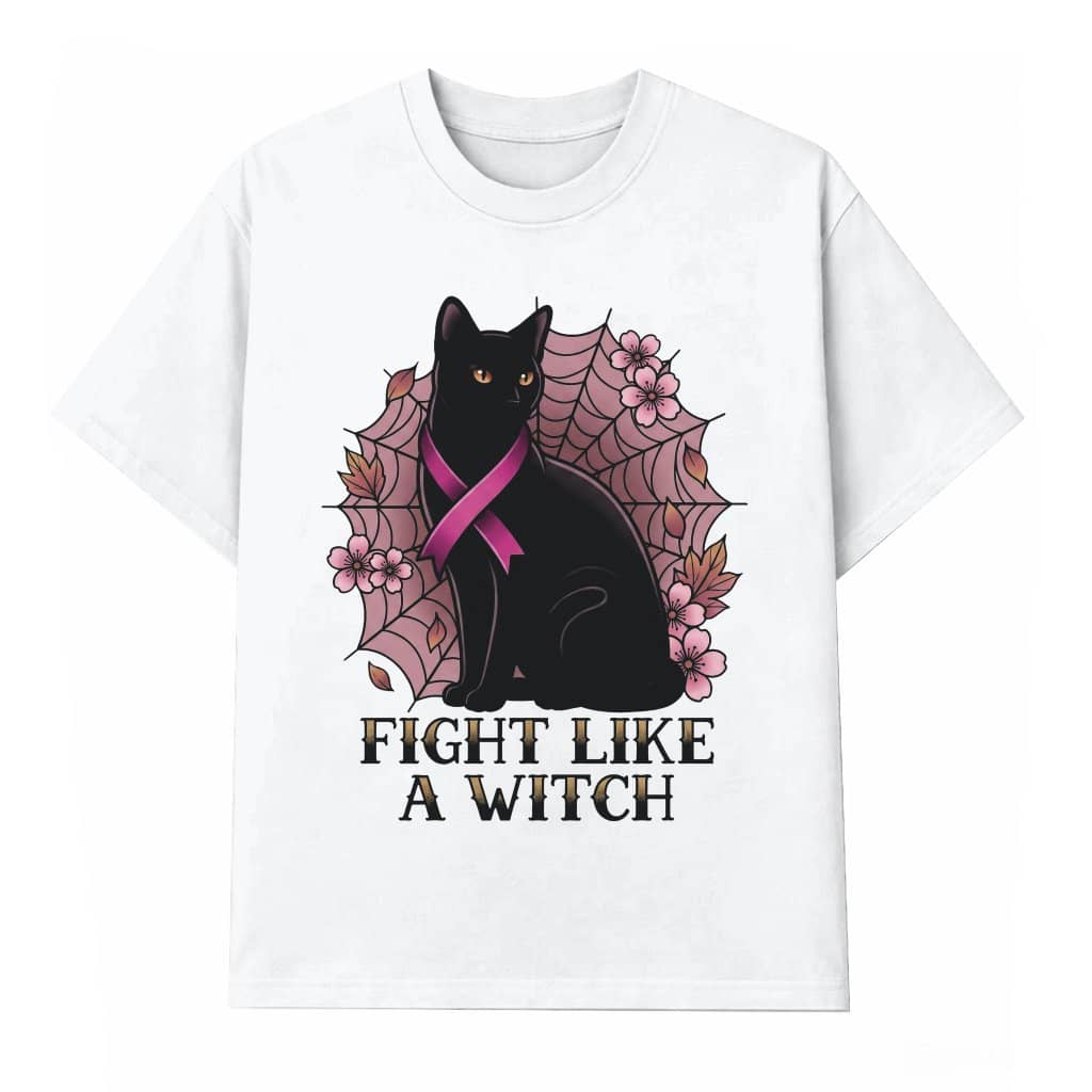 Fight Like A Witch Halloween Black Cat Pink Ribbon T-shirt | Breast Cancer Gifts for Her