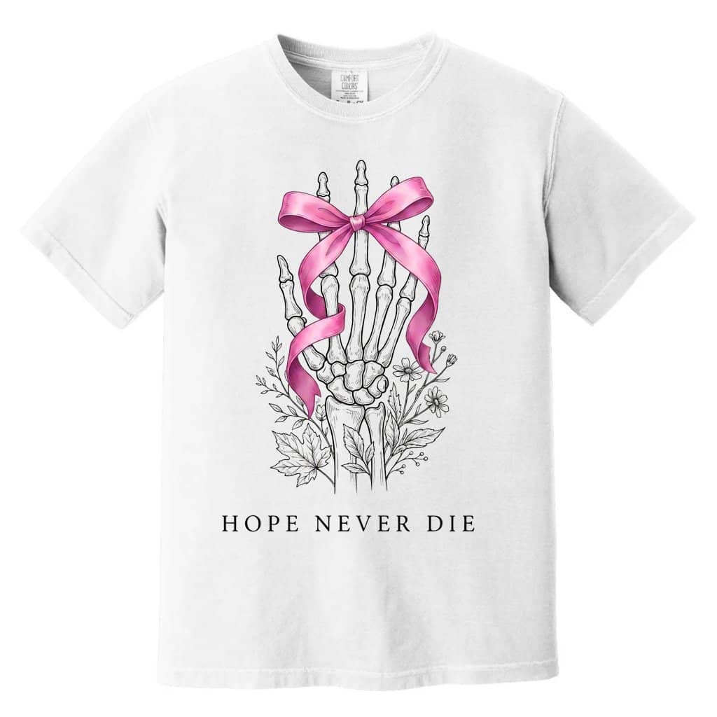 Comfort Colors Hope Never Die Halloween Skeleton Hand Pink Ribbon Shirt| Breast Cancer Gifts for Her