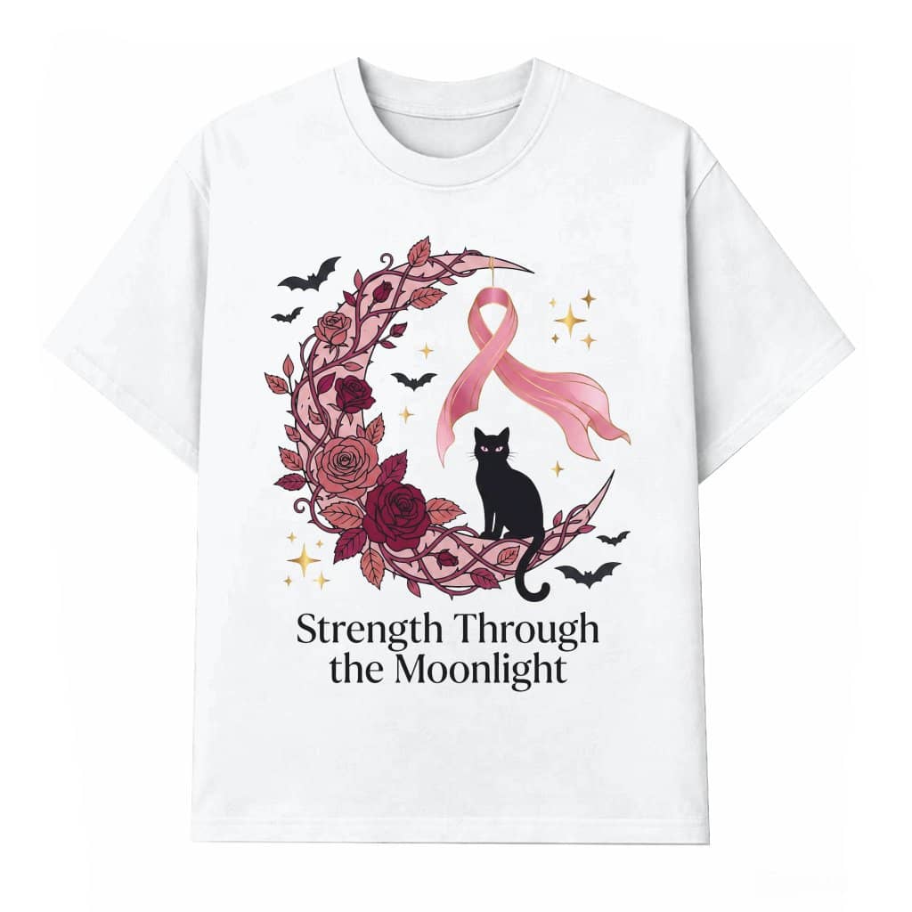 Strength Through The Moonlight Witchy Halloween Breast Cancer T-shirt | Pink Halloween Gift for Her