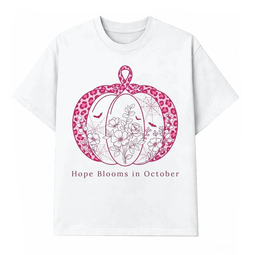 Hope Blooms In October Leopard Pink Pumpkin T-shirt| Breast Cancer Gifts for Her