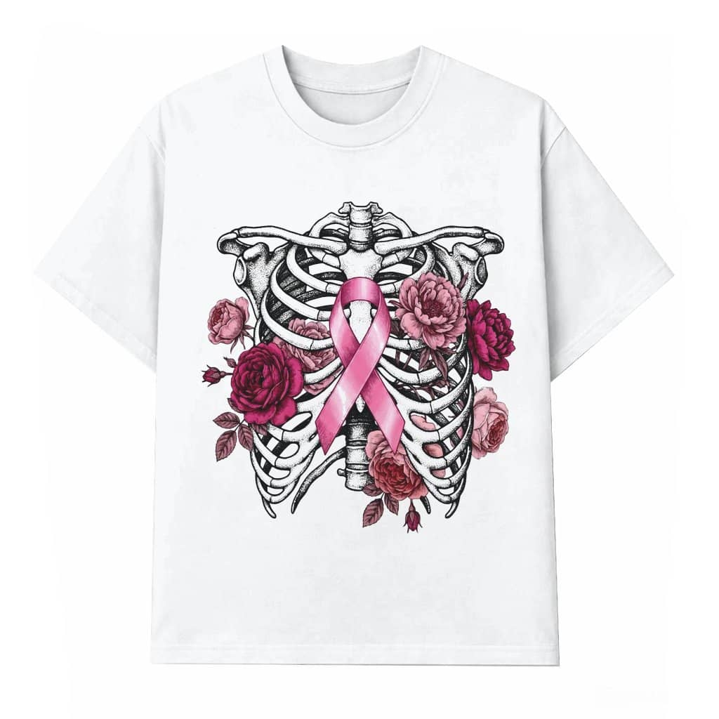 Pink Ribbon Floral Skeleton Ribcage Breast Cancer Awareness T-shirt | Survivor Support Gift for Her