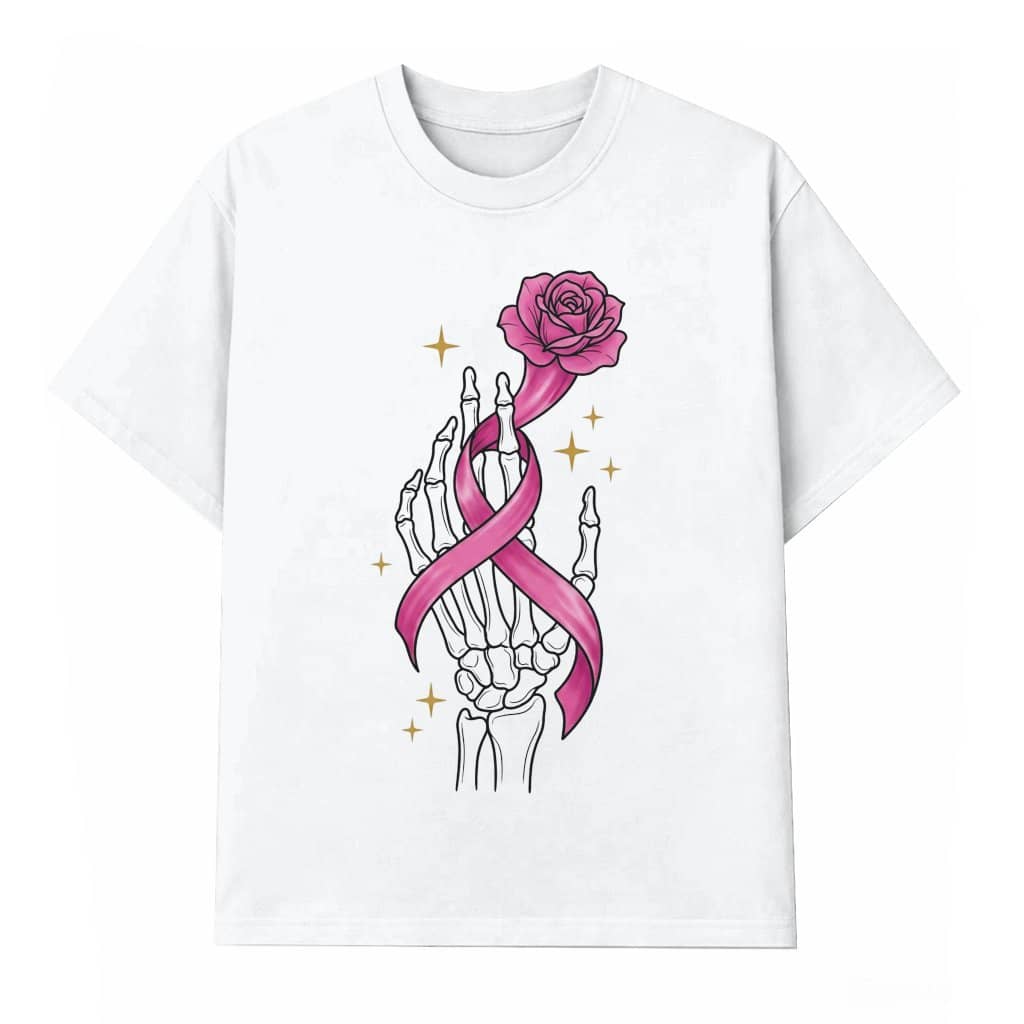 Rose Skeleton Hand with Pink Ribbon T-shirt for women | Ideal Gift for Breast Cancer Fighter