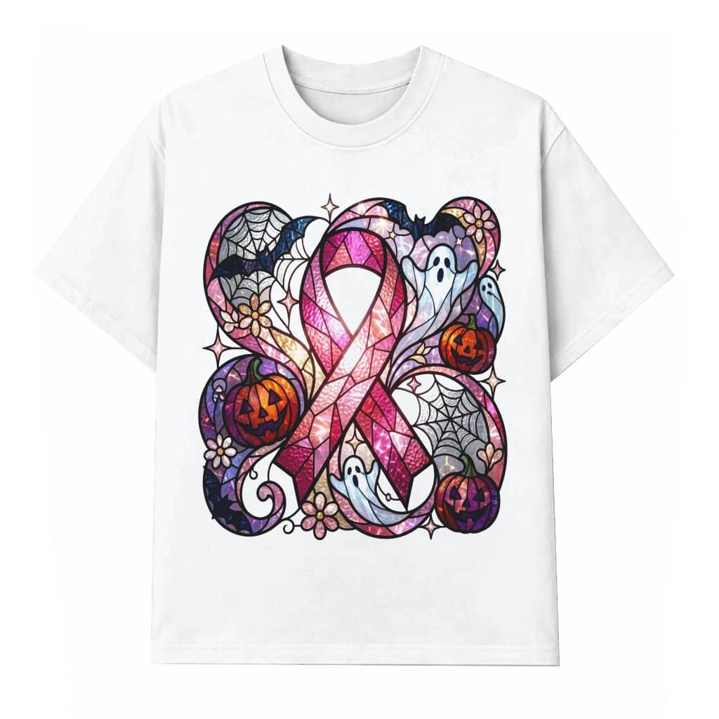 Stained Glass Pink Ribbon Spooky Halloween T-shirt| Breast Cancer Awareness Gift for Her